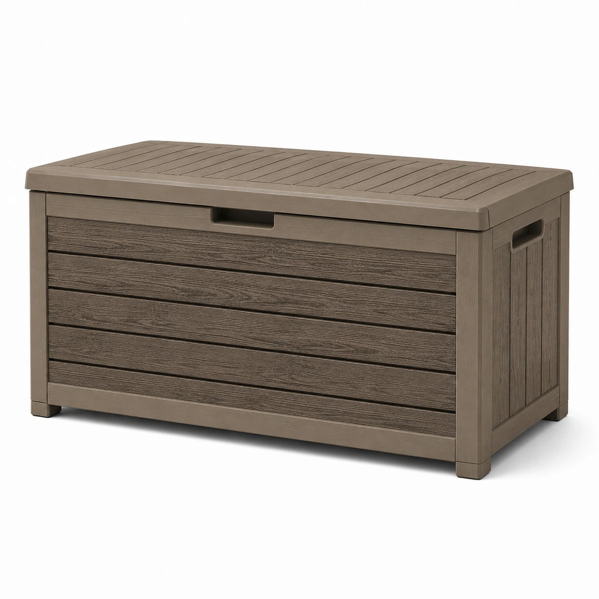 Garten-Aufbewahrungsbox Kunststoff in Taupe, Holzoptik, 120 × 60 × 60 cm, mit Klappdeckel