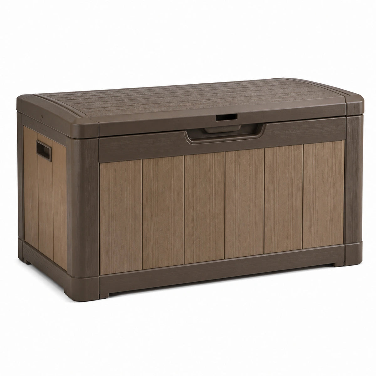 Garten-Aufbewahrungsbox 120 × 60 × 63 cm aus Kunststoff in Braun mit Holzoptik und Deckel