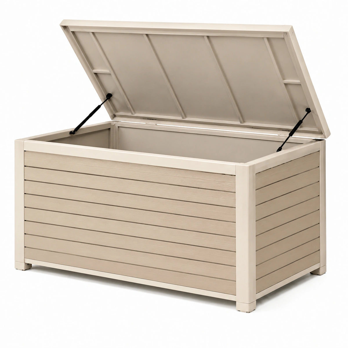 Garten-Aufbewahrungsbox aus Kunststoff, Beige, 120 × 61 × 63 cm, mit Gasdruckfedern