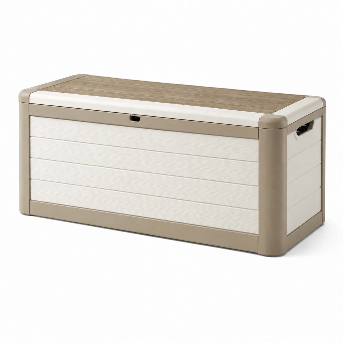 Kunststofftruhe mit Klappdeckel in Beige, Weiß und Braun, Holzoptik, 120 × 55 × 60 cm