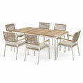 6 Armlehnstühle mit Tisch, 200 × 100 × 75 cm, Beige/Weiß/Naturholz