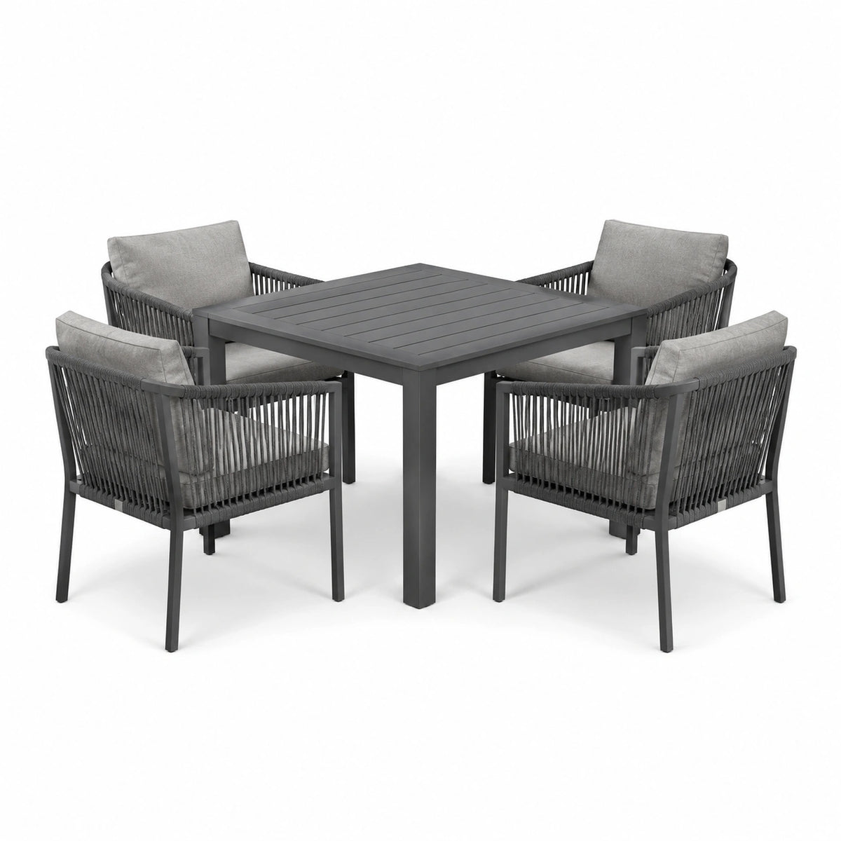 Garten-Essgruppe Dunkelgrau/Grau mit Tisch 90 × 90 × 75 cm und 4 Armlehnstühlen