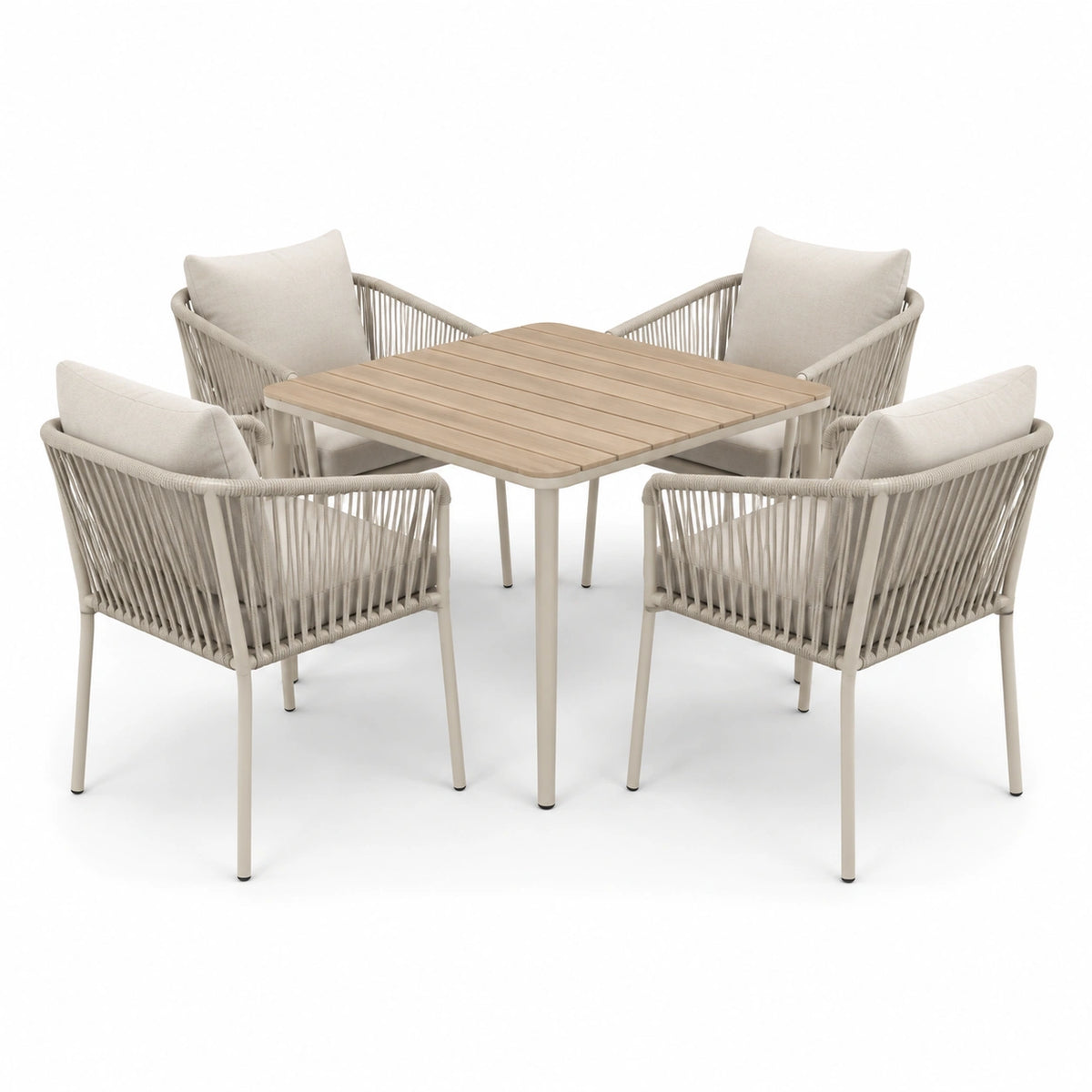 5-teiliges Gartenmöbelset mit 4 Armlehnstühlen und Tisch, 90 × 90 × 75 cm, Beige/Naturholz