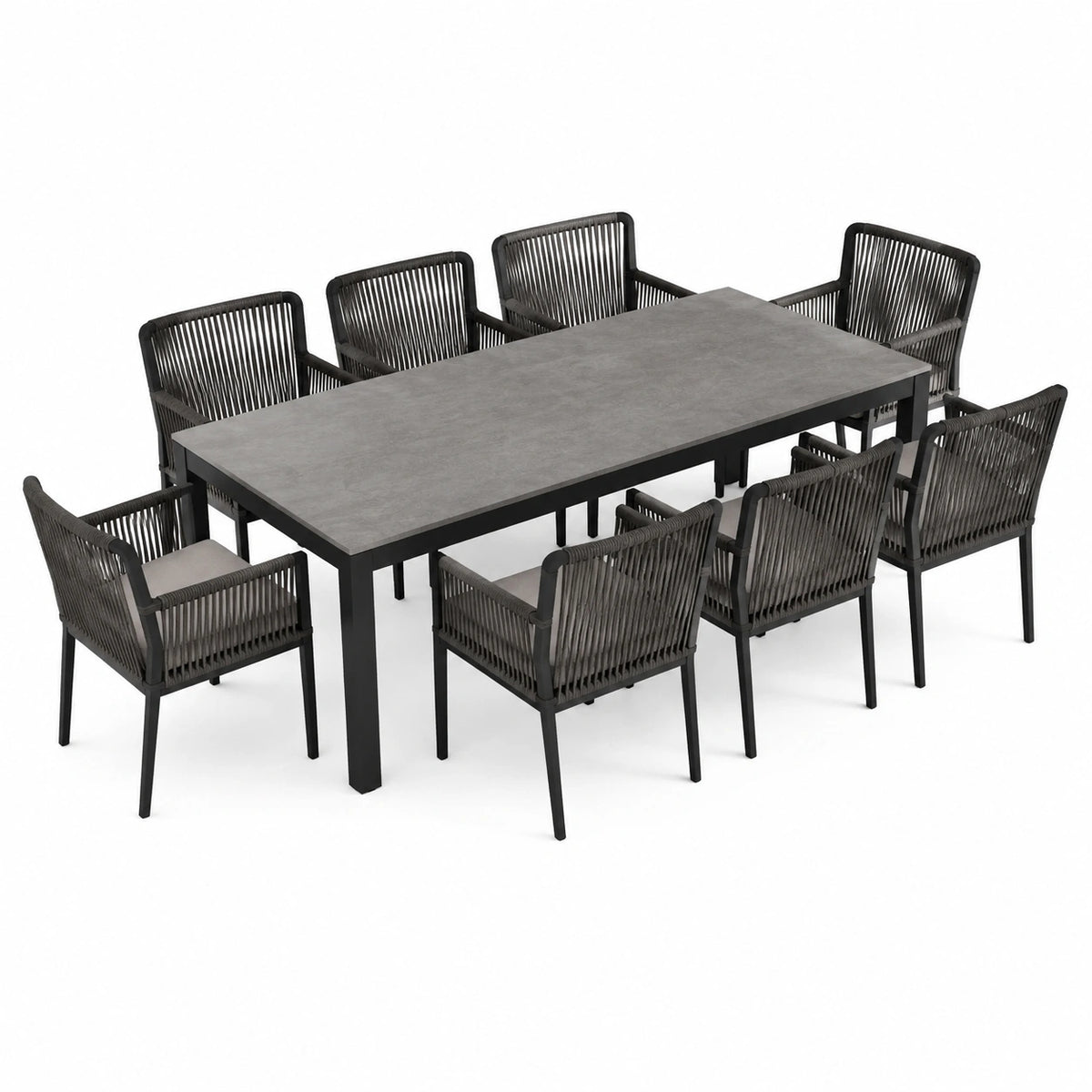9-teiliges Garten-Esstischset mit 8 Armlehnstühlen, 200 × 100 × 75 cm, Anthrazit/Grau/Schwarz