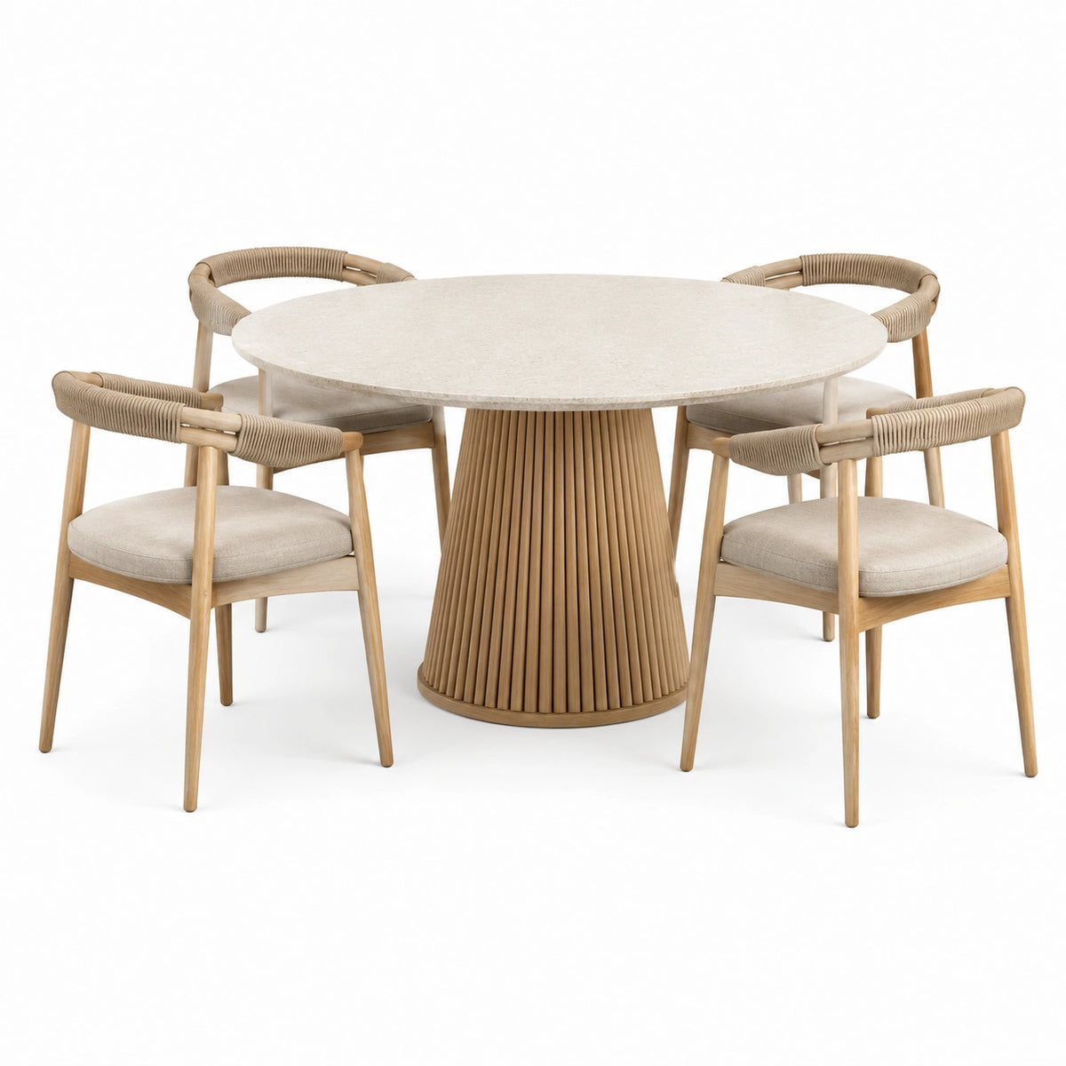 Essgruppe Natur/Beige/Creme mit rundem Tisch Ø 120 x 75 cm und 4 Armlehnstühlen 56 x 58 x 78 cm