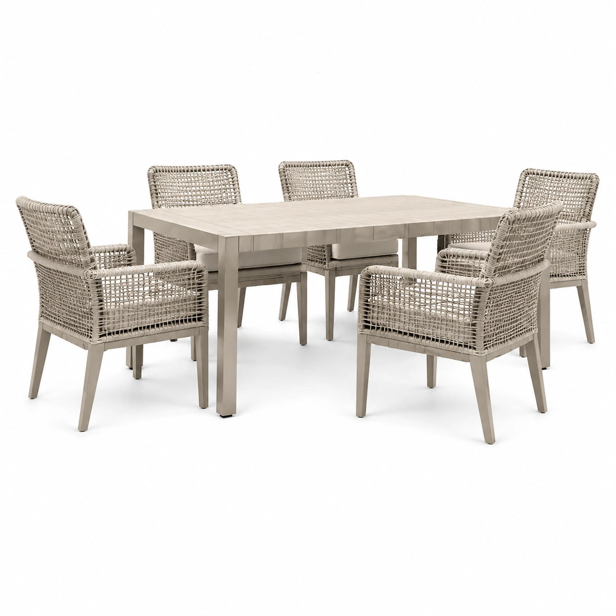 7-teiliges Set in Beige/Taupe mit Aluminiumtisch 200×100×75 cm und 6 Armlehnstühlen
