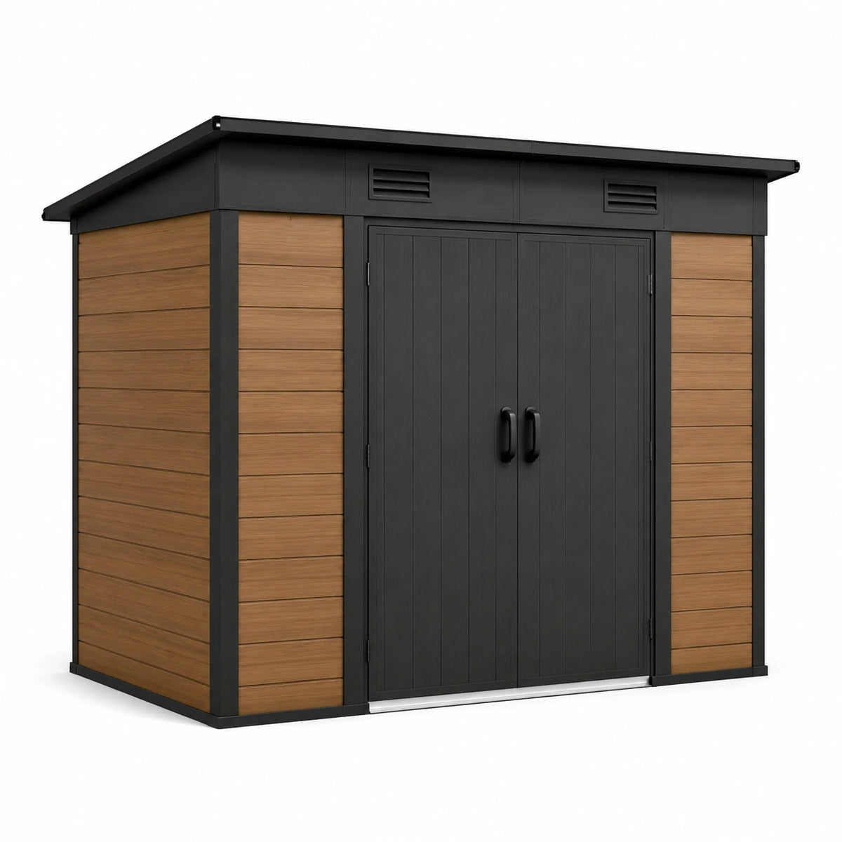 Wetterbeständiger Geräteschuppen aus Metall und Kunststoff in Holzoptik, 180 × 100 × 190 cm, Schwarz/Braun