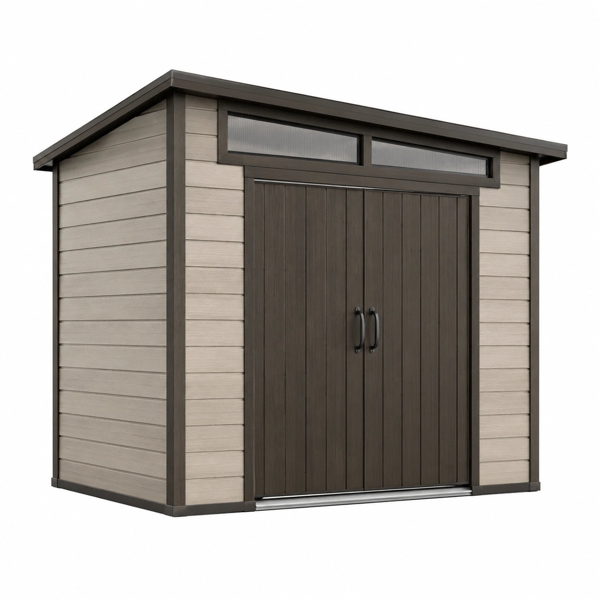 Gartenhaus aus Kunststoff und Metall, 180 × 100 × 200 cm, Taupe/Dunkelbraun, mit Doppeltür und Oberlichtern