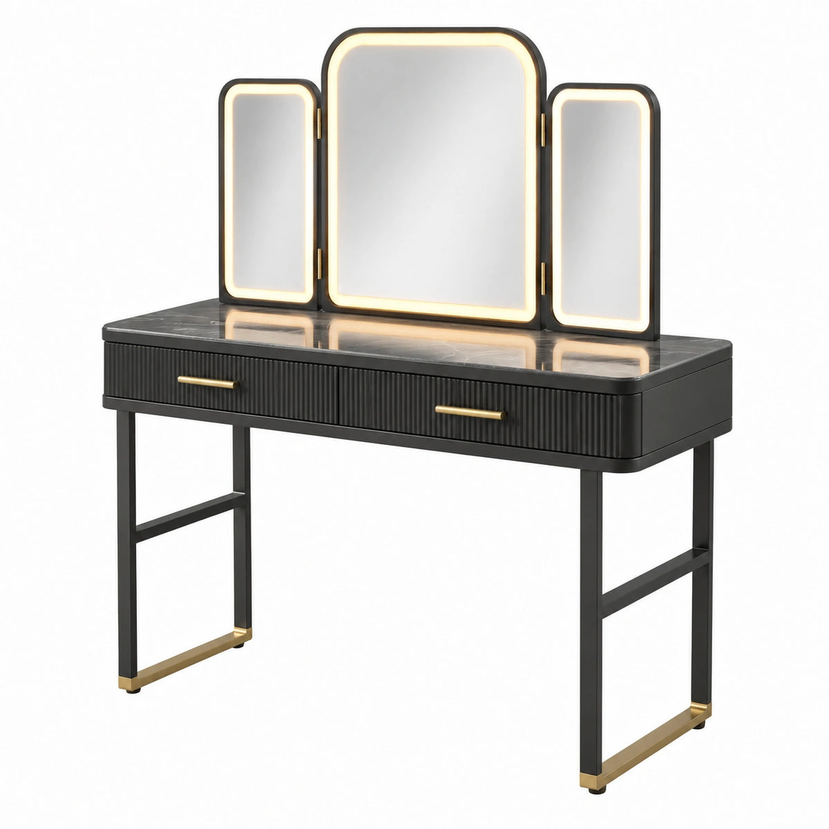 Schminktisch mit dreiteiligem LED-Spiegel und 2 Schubladen, 100 × 45 × 145 cm, Schwarz/Gold/Grau