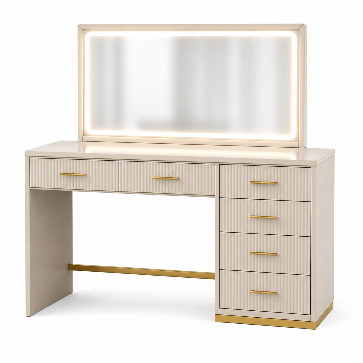 Schminktisch 120 × 45 × 145 cm in Cremeweiß und Gold mit LED-Spiegel und 6 Schubladen