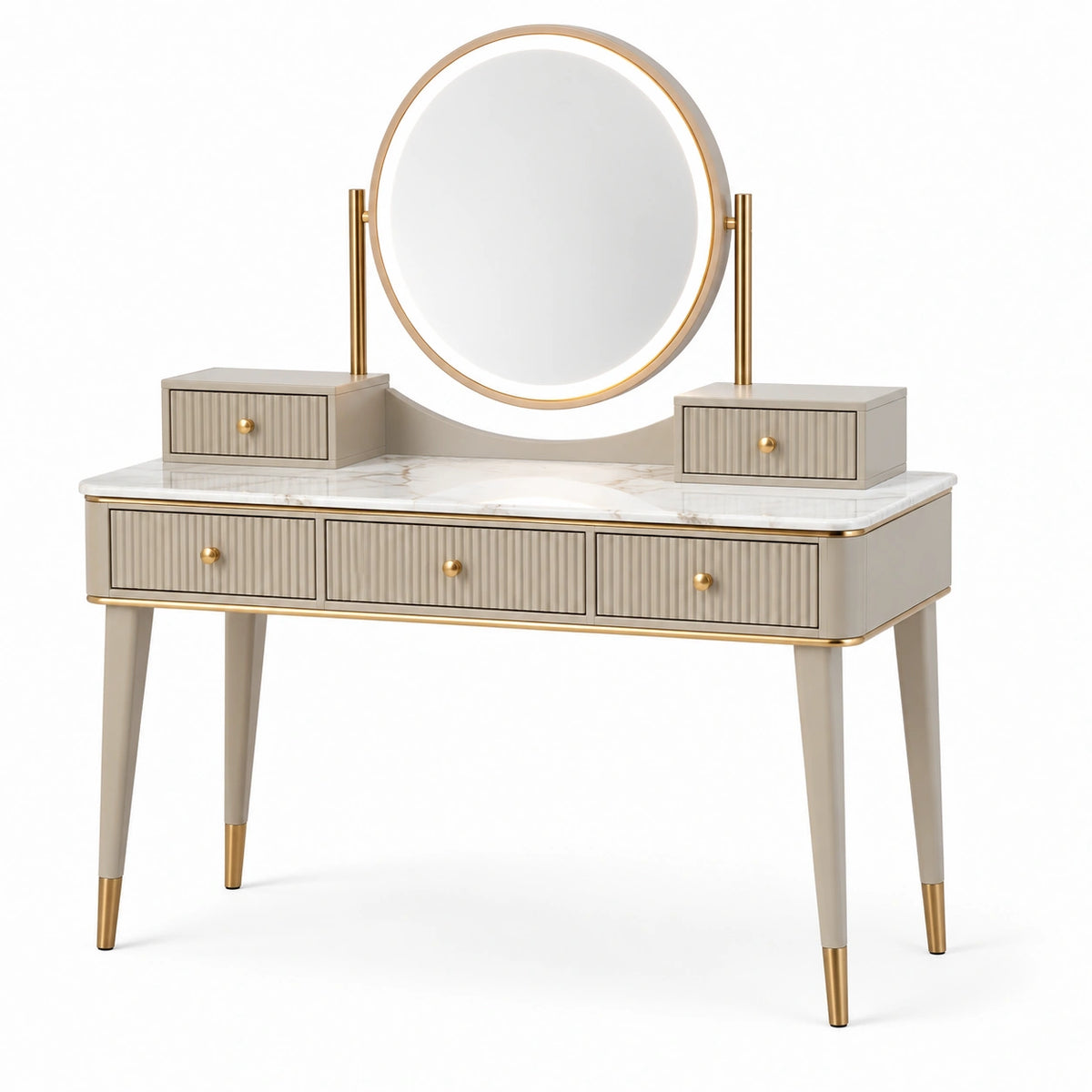 Schminktisch-Set 120 × 45 × 135 cm in Creme, Weiß und Gold mit rundem LED-Spiegel und 5 Schubladen