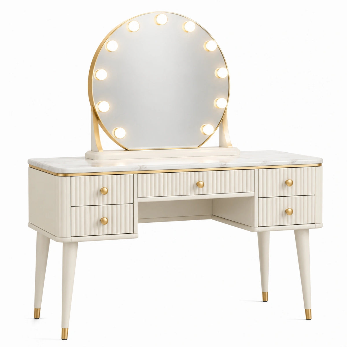 Schminktisch-Set Cremeweiß/Gold mit beleuchtetem Rundspiegel, 120 × 45 × 145 cm