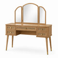 Schminktisch aus Holz in Eiche/Natur/Gold mit Rattanfronten und dreiteiligem Klappspiegel, 120 × 45 × 145 cm