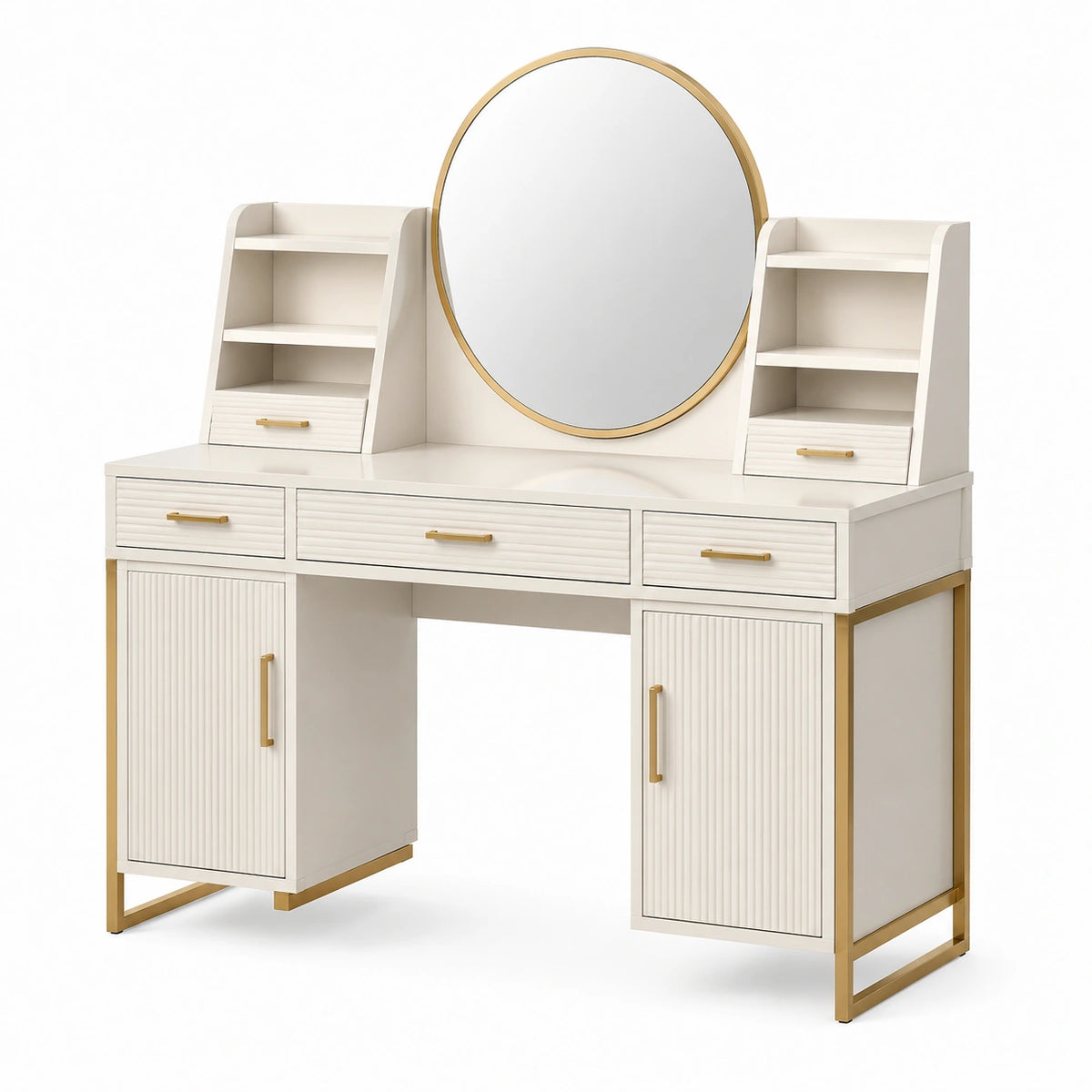 Moderner Schminktisch 120 × 45 × 150 cm in Weiß/Gold mit rundem Spiegel, Schubladen und Regalaufsätzen