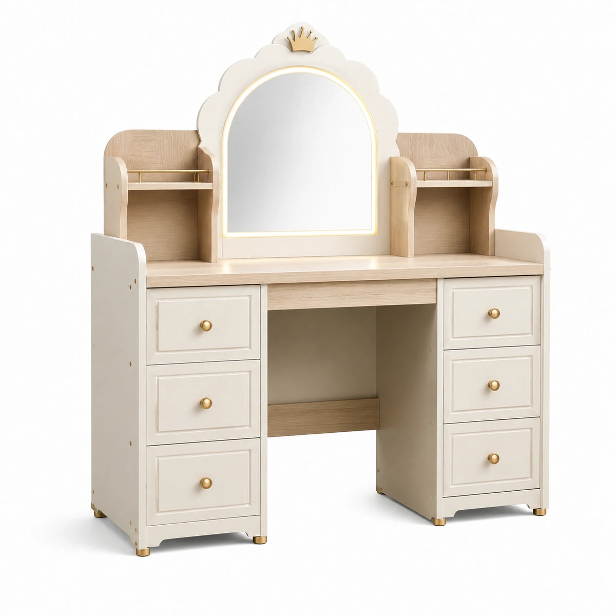 Schminktisch 100 × 45 × 150 cm in Cremeweiß, Hellholz und Gold mit Spiegel und 6 Schubladen