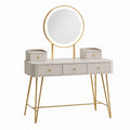 Schminktisch mit beleuchtetem Rundspiegel, 120 x 45 x 145 cm, Cremeweiß/Gold