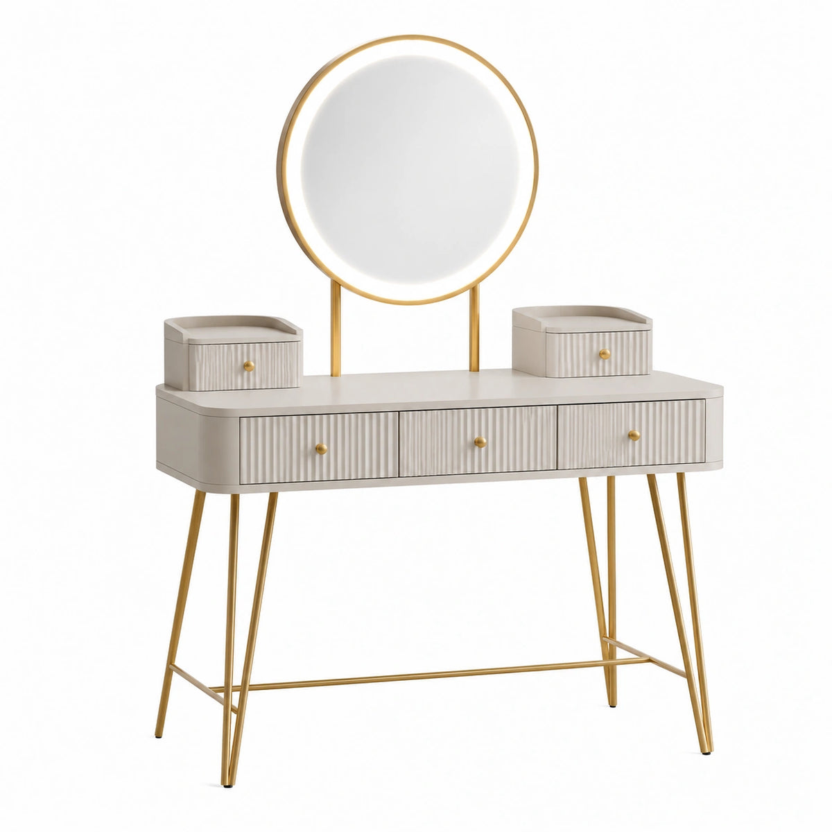 Schminktisch mit beleuchtetem Rundspiegel, 120 x 45 x 145 cm, Cremeweiß/Gold