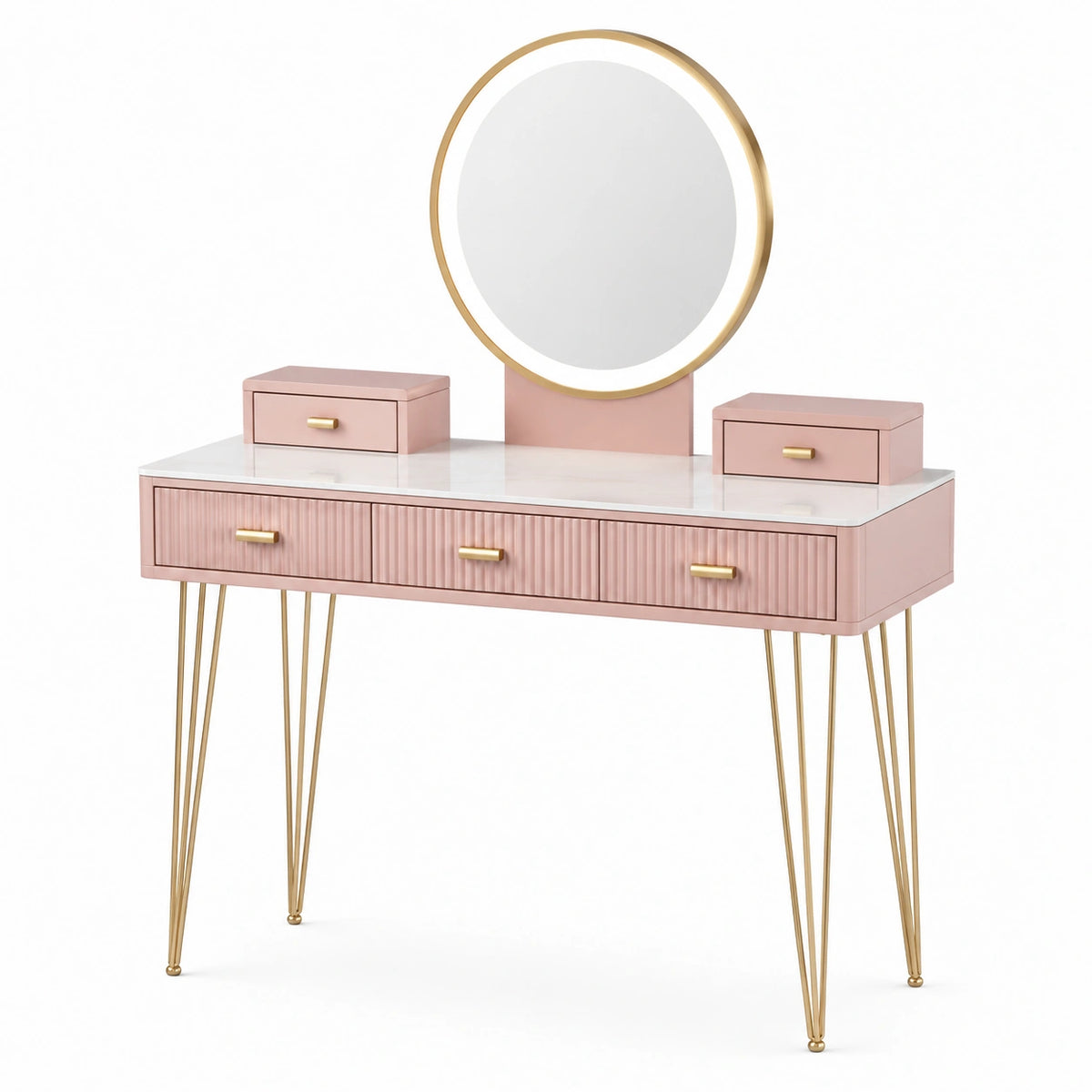 Schminktisch-Set 120 × 45 × 145 cm mit Rundspiegel, 5 Schubladen und 2 Aufbewahrungsboxen, Rosa/Weiß/Gold
