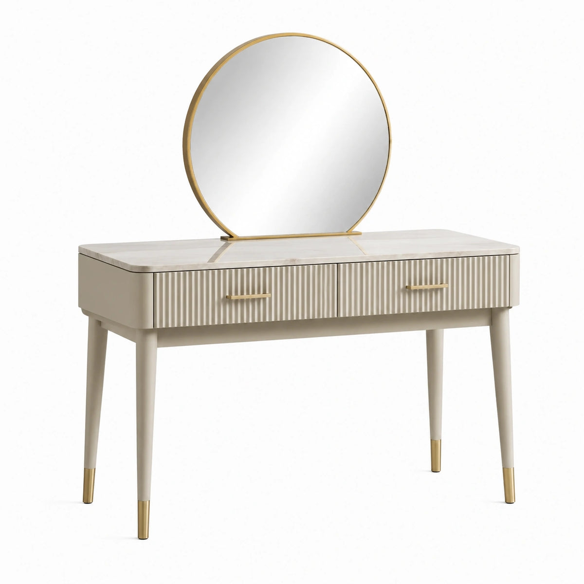 Schminktisch mit rundem Spiegel und 2 Schubladen, 120 × 45 × 135 cm, Cremeweiß/Gold