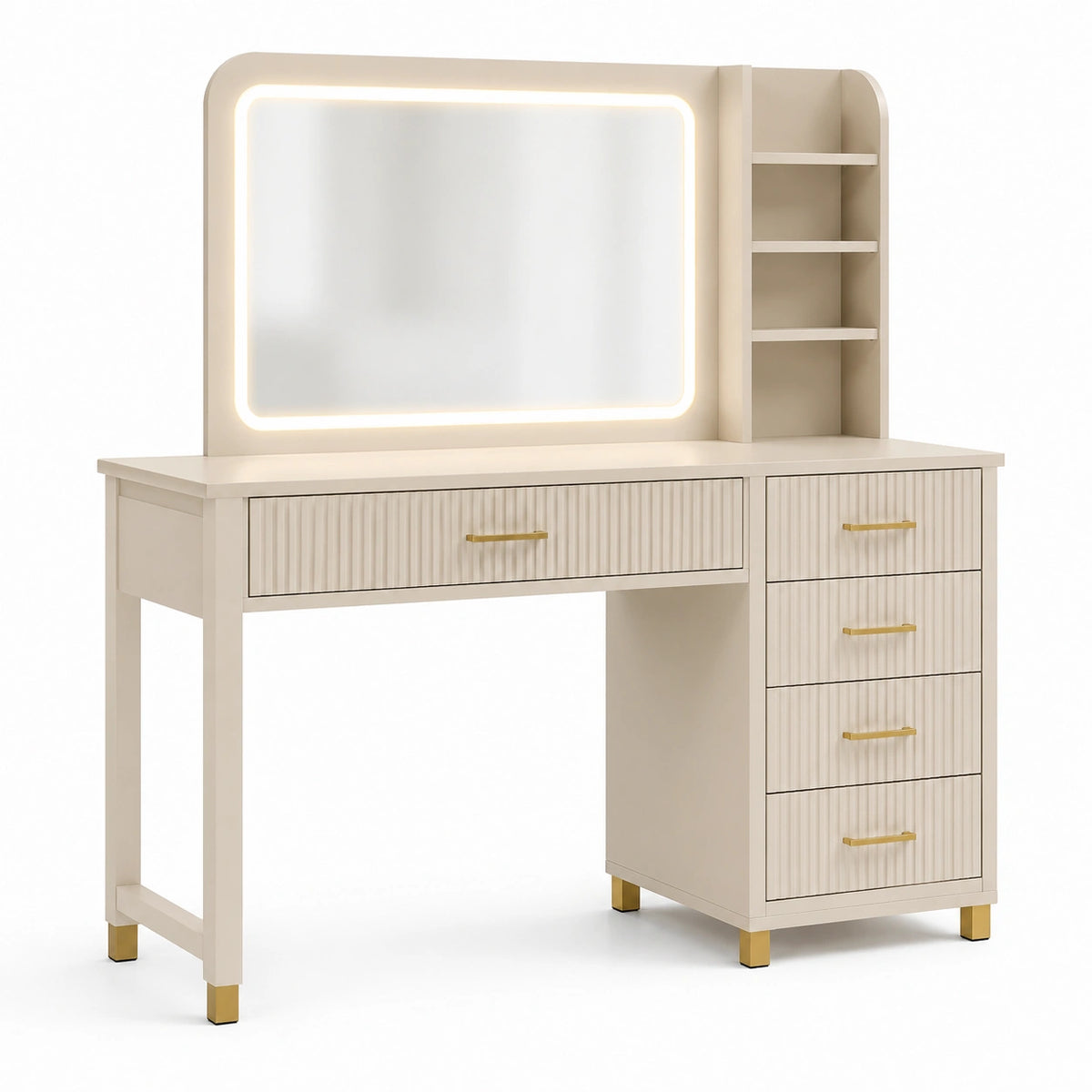 Moderner Schminktisch Cremefarben/Goldfarben mit LED-Spiegel, 5 Schubladen und 3 Ablagefächern, 120 × 45 × 145 cm