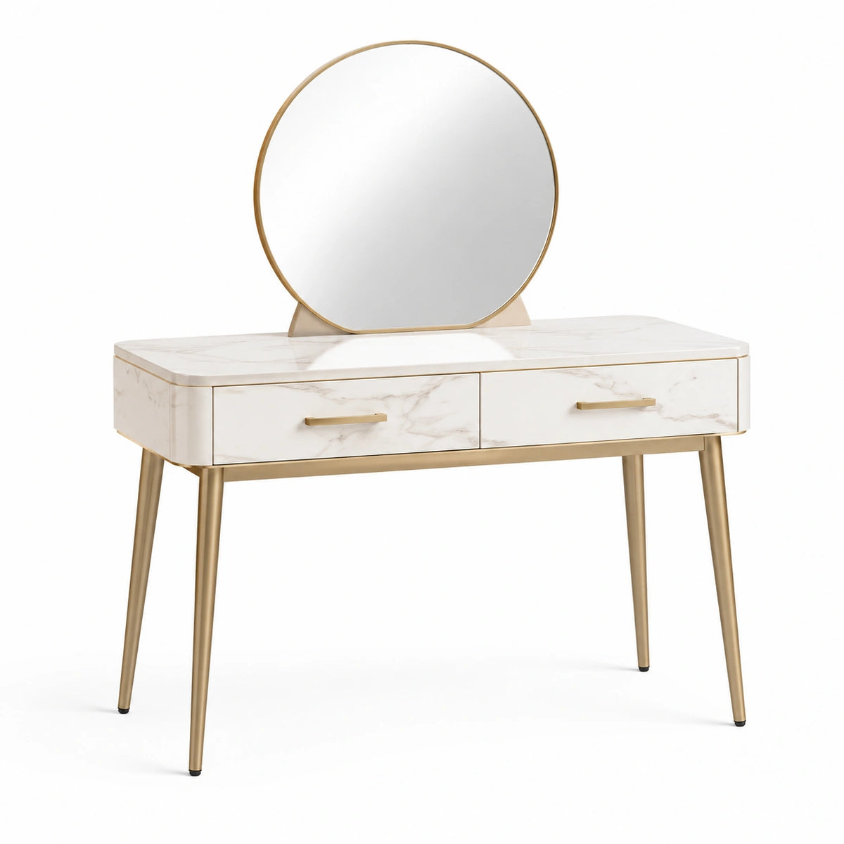 Schminktisch mit rundem Spiegel und 2 Schubladen, 100 × 45 × 135 cm, Weiß/Gold, Marmoroptik